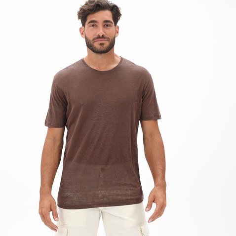 DIRTY LAUNDRY-Ανδρική λινή μπλούζα DIRTY LAUNDRY DLMT000262 PURE LINEN OPEN STICHES καφέ