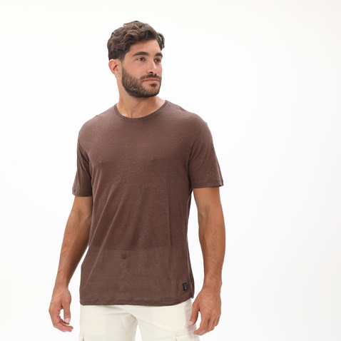 DIRTY LAUNDRY-Ανδρική λινή μπλούζα DIRTY LAUNDRY DLMT000262 PURE LINEN OPEN STICHES καφέ