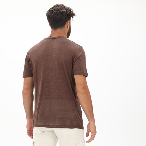 DIRTY LAUNDRY-Ανδρική λινή μπλούζα DIRTY LAUNDRY DLMT000262 PURE LINEN OPEN STICHES καφέ