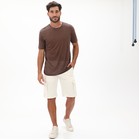 DIRTY LAUNDRY-Ανδρική λινή μπλούζα DIRTY LAUNDRY DLMT000262 PURE LINEN OPEN STICHES καφέ
