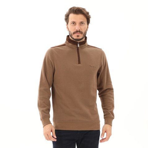 BROKEN-Ανδρική φούτερ μπλούζα BROKEN 221-70-0007 POLO HALF ZIP καφέ