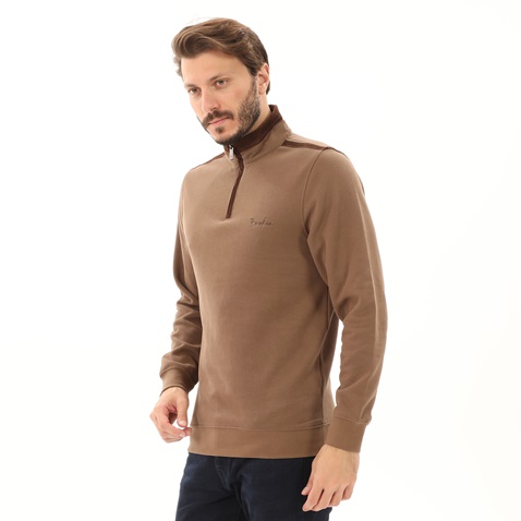 BROKEN-Ανδρική φούτερ μπλούζα BROKEN 221-70-0007 POLO HALF ZIP καφέ