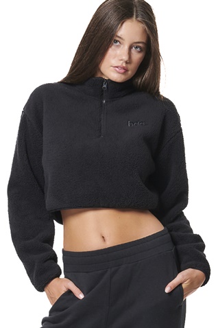 BODY ACTION-Γυναικείο cropped sherpa φούτερ BODY ACTION  061431-01 μαύρο