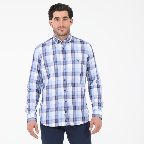 NAVY & GREEN-Ανδρικό πουκάμισο NAVY & GREEN COMFORT FIT λευκό μπλε καρό