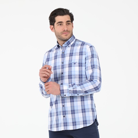 NAVY & GREEN-Ανδρικό πουκάμισο NAVY & GREEN COMFORT FIT λευκό μπλε καρό