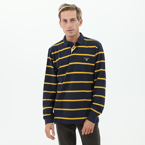 NAVY & GREEN-Ανδρική polo μπλούζα NAVY & GREEN μπλε κίτρινη ριγέ