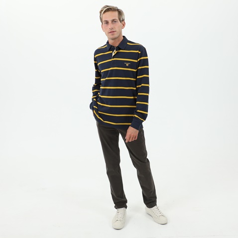 NAVY & GREEN-Ανδρική polo μπλούζα NAVY & GREEN μπλε κίτρινη ριγέ