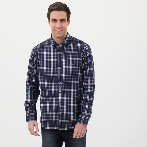 NAVY & GREEN-Ανδρικό πουκάμισο NAVY & GREEN COMFORT FIT μπλε κίτρινο