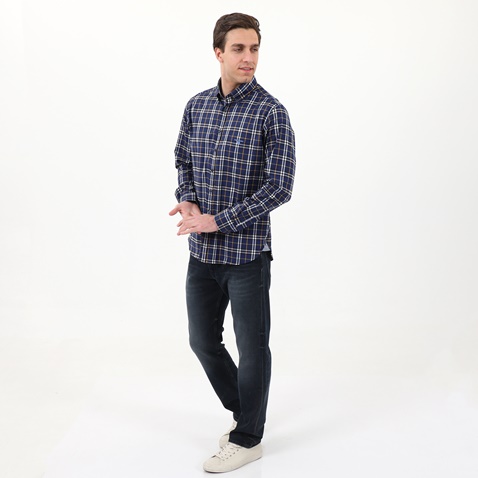 NAVY & GREEN-Ανδρικό πουκάμισο NAVY & GREEN COMFORT FIT μπλε κίτρινο