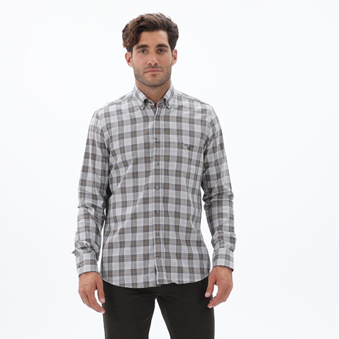 NAVY & GREEN-Ανδρικό oxford πουκάμισο NAVY & GREEN COMFORT FIT λευκό γκρι καρό