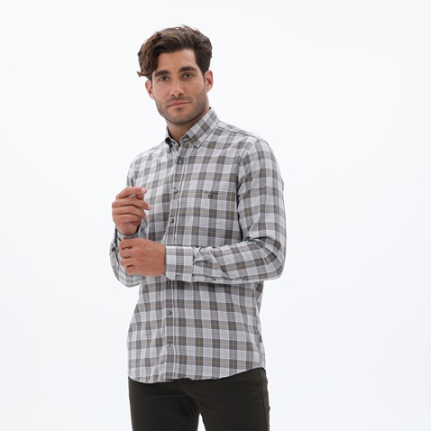 NAVY & GREEN-Ανδρικό oxford πουκάμισο NAVY & GREEN COMFORT FIT λευκό γκρι καρό