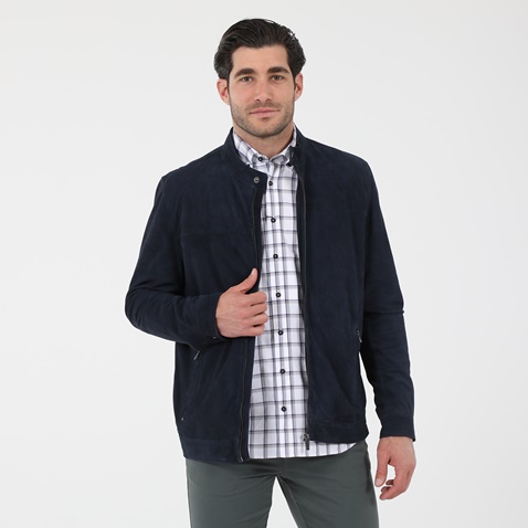NAVY & GREEN-Ανδρικό δερμάτινο jacket NAVY & GREEN μπλε
