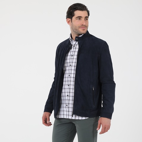 NAVY & GREEN-Ανδρικό δερμάτινο jacket NAVY & GREEN μπλε