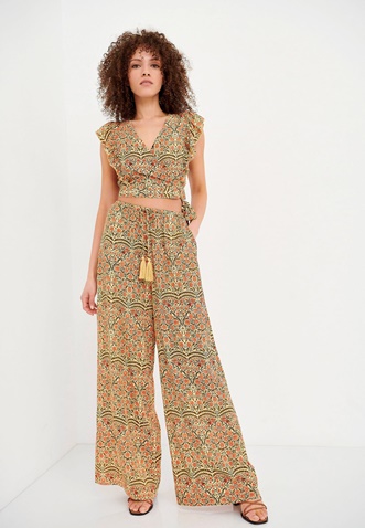 FUNKY BUDDHA-Γυναικεία wide leg παντελόνα FUNKY BUDDHA κίτρινη floral