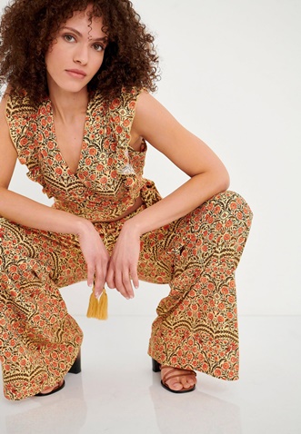 FUNKY BUDDHA-Γυναικεία wide leg παντελόνα FUNKY BUDDHA κίτρινη floral