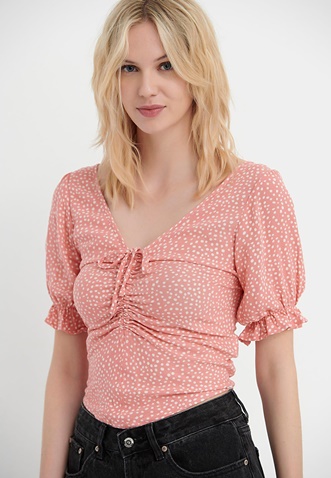 FUNKY BUDDHA-Γυναικείο cropped top FUNKY BUDDHA ροζ λευκό πουά