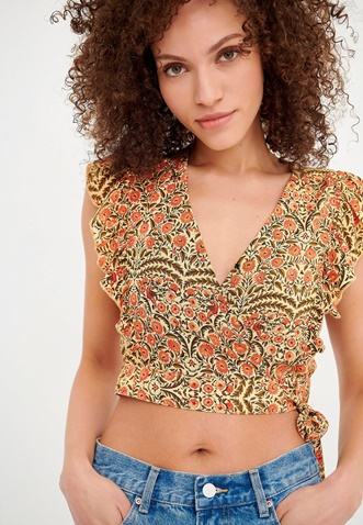 FUNKY BUDDHA-Γυναικείο cropped top FUNKY BUDDHA κίτρινο floral