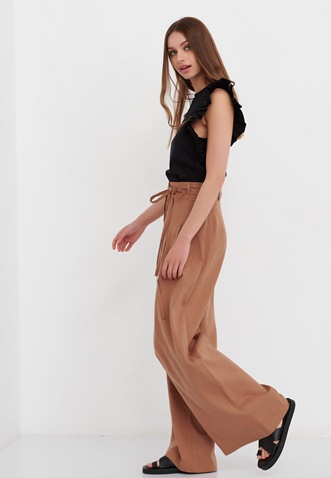 FUNKY BUDDHA-Γυναικεία ψηλόμεση wide leg λινή παντελόνα FUNKY BUDDHA καφέ