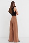FUNKY BUDDHA-Γυναικεία ψηλόμεση wide leg λινή παντελόνα FUNKY BUDDHA καφέ