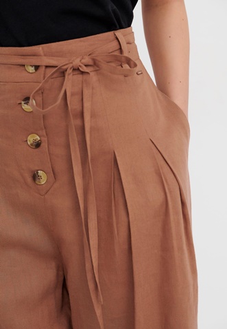 FUNKY BUDDHA-Γυναικεία ψηλόμεση wide leg λινή παντελόνα FUNKY BUDDHA καφέ