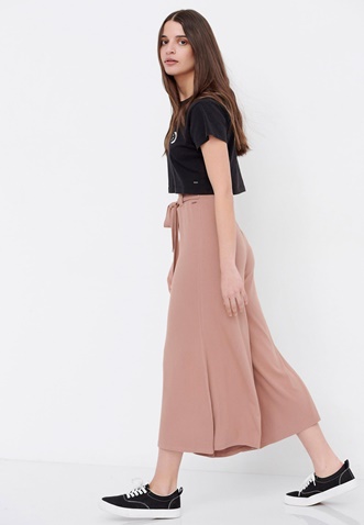 FUNKY BUDDHA-Γυναικεία cropped wide leg παντελόνα FUNKY BUDDHA καφέ