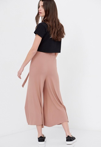 FUNKY BUDDHA-Γυναικεία cropped wide leg παντελόνα FUNKY BUDDHA καφέ
