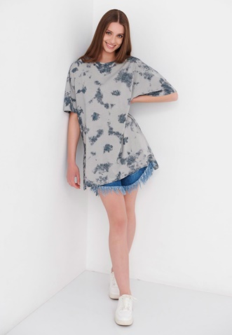 FUNKY BUDDHA-Γυναικείο oversized μακρύ t-shirt FUNKY BUDDHA γκρι μπλε