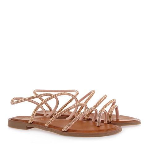 SEVEN-Γυναικεία πέδιλα flats SEVEN Q435B0011 ροζ χρυσά στρας