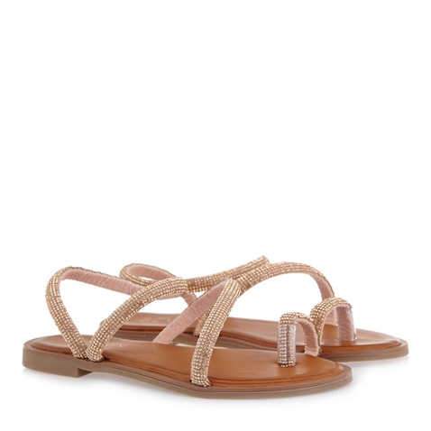 SEVEN-Γυναικεία πέδιλα flats SEVEN Q435B0021 ροζ χρυσά με στρας