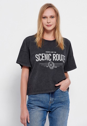 FUNKY BUDDHA-Γυναικείο loose t-shirt FUNKY BUDDHA γκρι ανθρακί