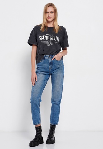 FUNKY BUDDHA-Γυναικείο loose t-shirt FUNKY BUDDHA γκρι ανθρακί