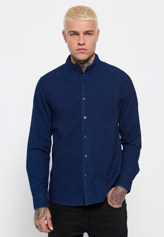 FUNKY BUDDHA-Ανδρικό jean πουκάμισο FUNKY BUDDHA μπλε indigo-dyed