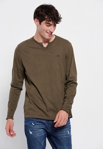 FUNKY BUDDHA-Ανδρική μακρυμάνικη μπλούζα FUNKY BUDDHA henley χακί