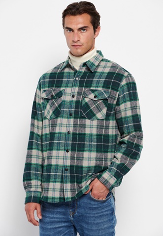 FUNKY BUDDHA-Ανδρικό flannel overshirt FUNKY BUDDHA καρό πράσινο