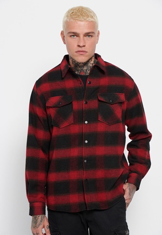 FUNKY BUDDHA-Ανδρικό flannel overshirt FUNKY BUDDHA κόκκινο μαύρο καρό