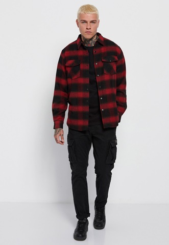 FUNKY BUDDHA-Ανδρικό flannel overshirt FUNKY BUDDHA κόκκινο μαύρο καρό