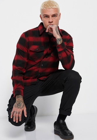 FUNKY BUDDHA-Ανδρικό flannel overshirt FUNKY BUDDHA κόκκινο μαύρο καρό