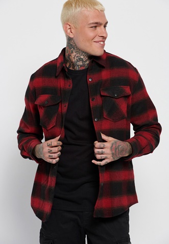 FUNKY BUDDHA-Ανδρικό flannel overshirt FUNKY BUDDHA κόκκινο μαύρο καρό