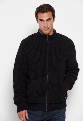 FUNKY BUDDHA-Ανδρική χοντρή πλεκτή ζακέτα με fleece FUNKY BUDDHA μαύρη