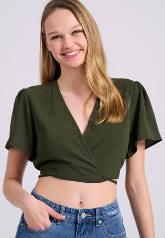 FUNKY BUDDHA-Γυναικείο cropped top FUNKY BUDDHA FBL009-121-17 χακί