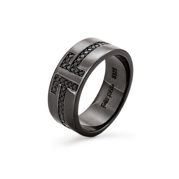 Γυναικείο φαρδύ δαχτυλίδι FOLLI FOLLIE  My FF Black Flash Plated από ασήμι