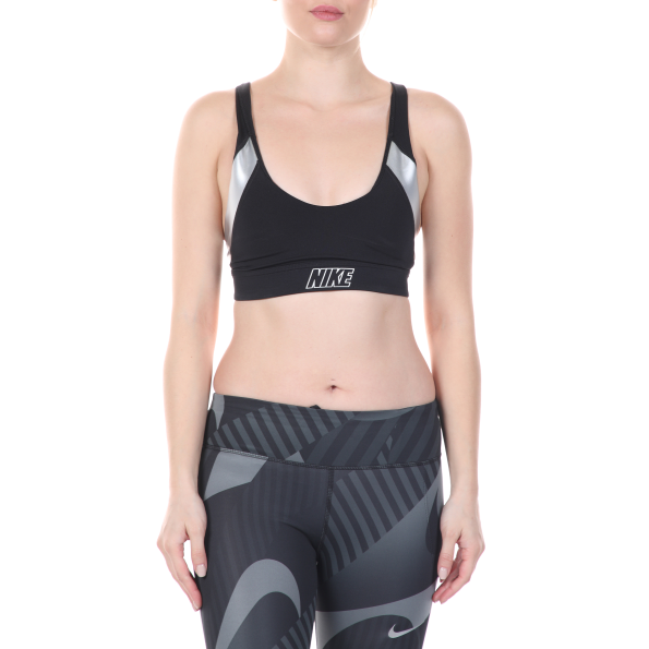Γυναικείο αθλητικό μπουστάκι NIKE INDY METALLIC LOGO BRA μαύρο ασημί