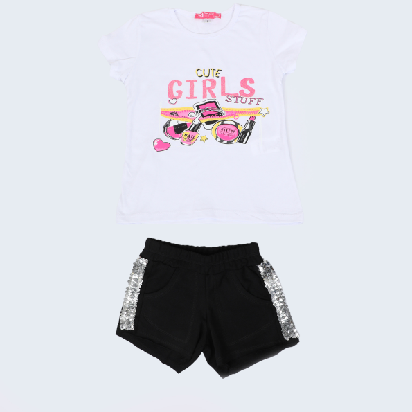 Παιδικό σετ από μπλούζα και σορτσάκι SAM 0-13 CUTE GIRLS STUFF λευκό μαύρο