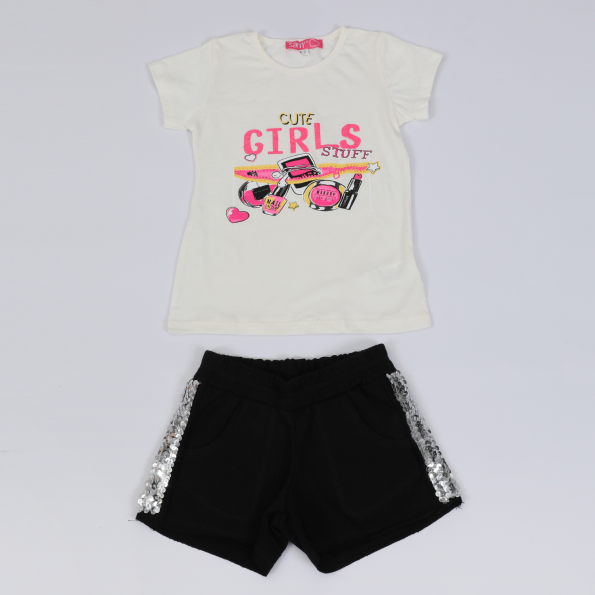 Παιδικό σετ από μπλούζα και σορτσάκι SAM 0-13 CUTE GIRLS STUFF εκρού μαύρο