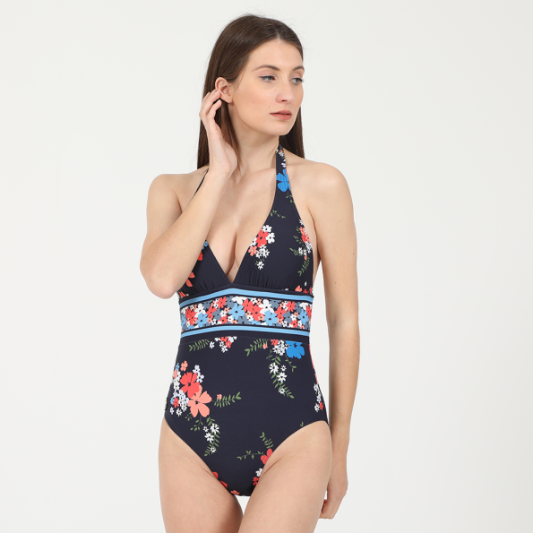 Γυναικείο ολόσωμο μαγιό MICHAEL by Michael Kors Floral Border Halter μπλε Γυναικεία