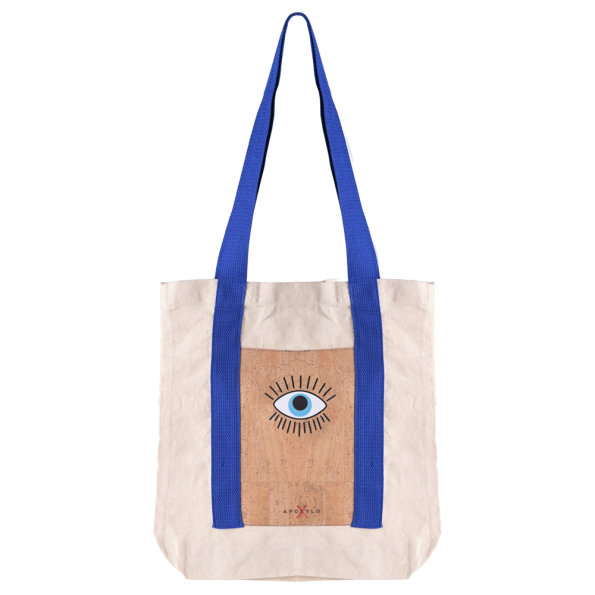 Γυναικεία χειροποίητη τσάντα ώμου APOXYLO 3006 SHOPPER COTTON λευκή μπλε