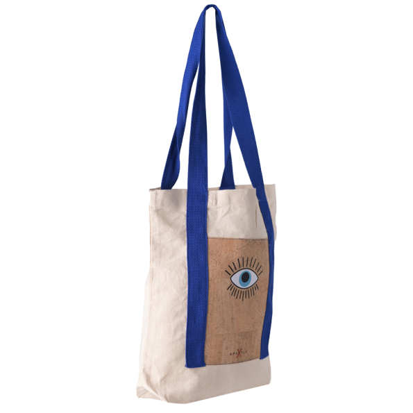 Γυναικεία χειροποίητη τσάντα ώμου APOXYLO 3006 SHOPPER COTTON λευκή μπλε Γυναικεία
