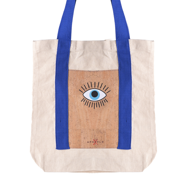 Γυναικεία χειροποίητη τσάντα ώμου APOXYLO 3006 SHOPPER COTTON λευκή μπλε Γυναικεία