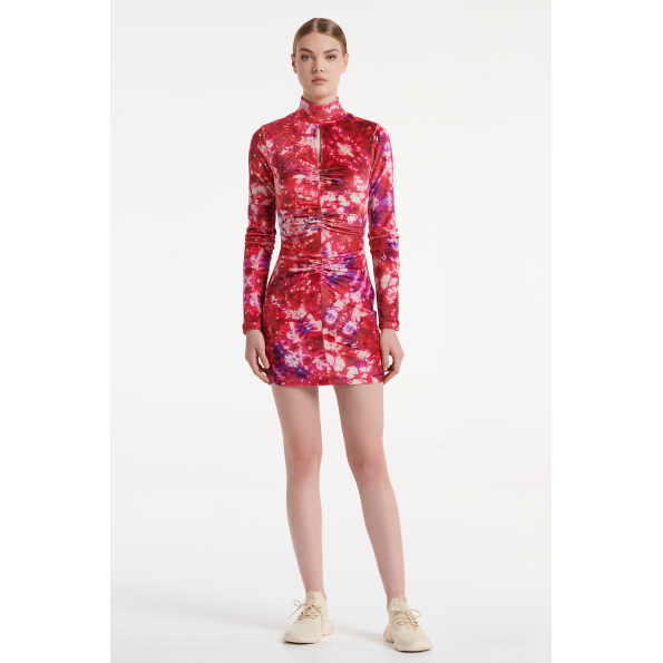 Γυναικείο βελουτέ mini φόρεμα SUGARFREE 22834153 κόκκινο tie-dye