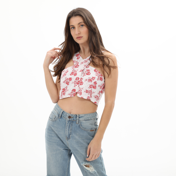 Γυναικείο top broderie ATTRATTIVO 9916449 λευκό κόκκινο floral